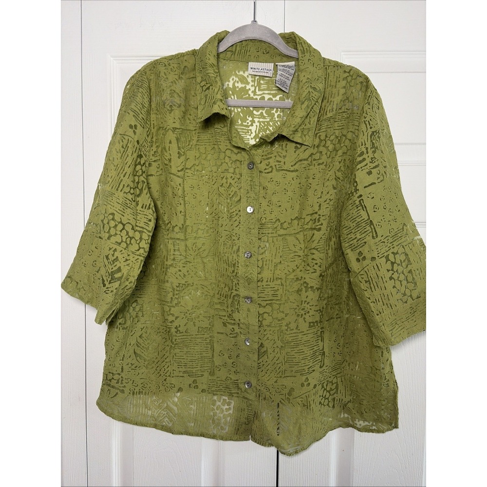 White Stag Burnout Button Down Womens Size 16W Green Y2K Avocado Rayon Shirt